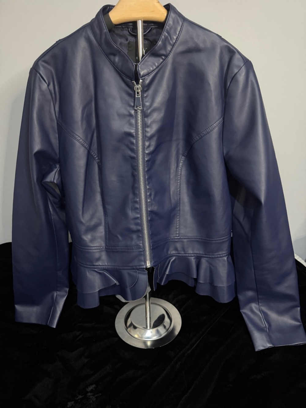 Women’s NYC Navy Faux Leather Peplum Jacket